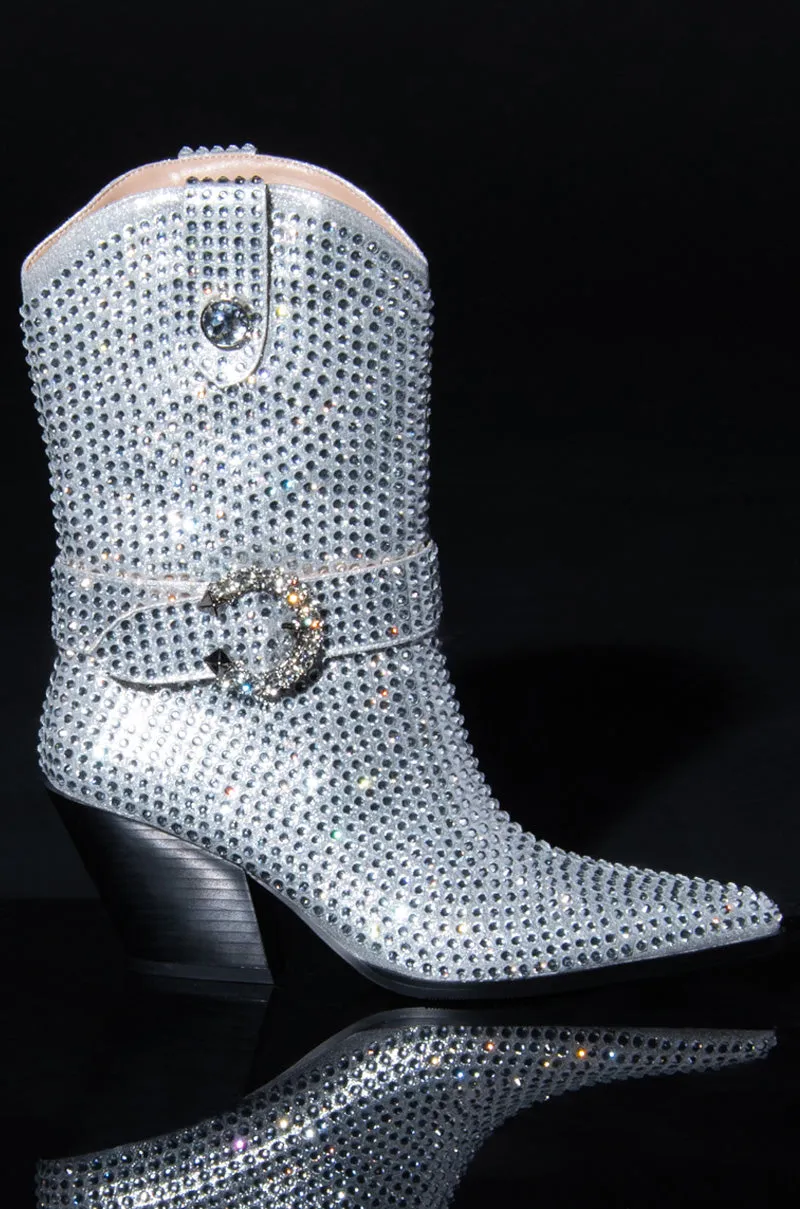 AZALEA WANG FEDERICA EMBELLISHED WEDGE BOOTIE IN SILVER