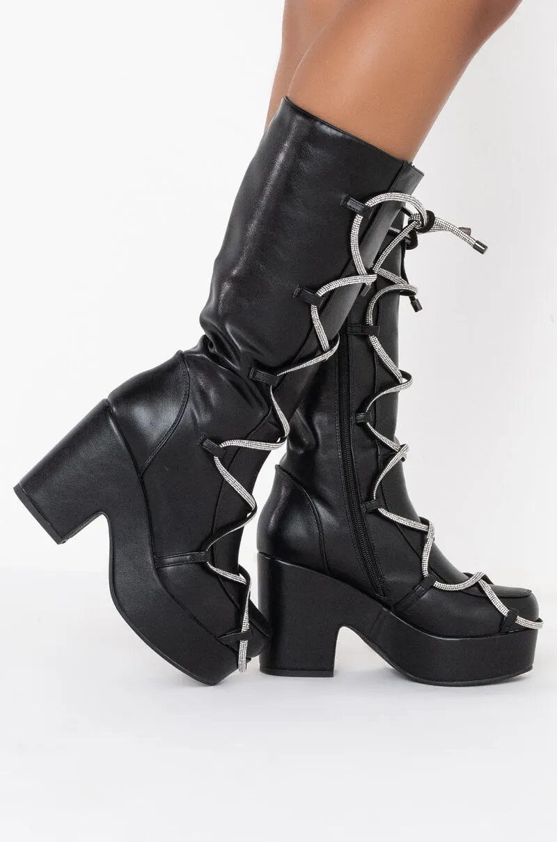 AZALEA WANG LACE IT UP CHUNKY BOOT IN BLACK