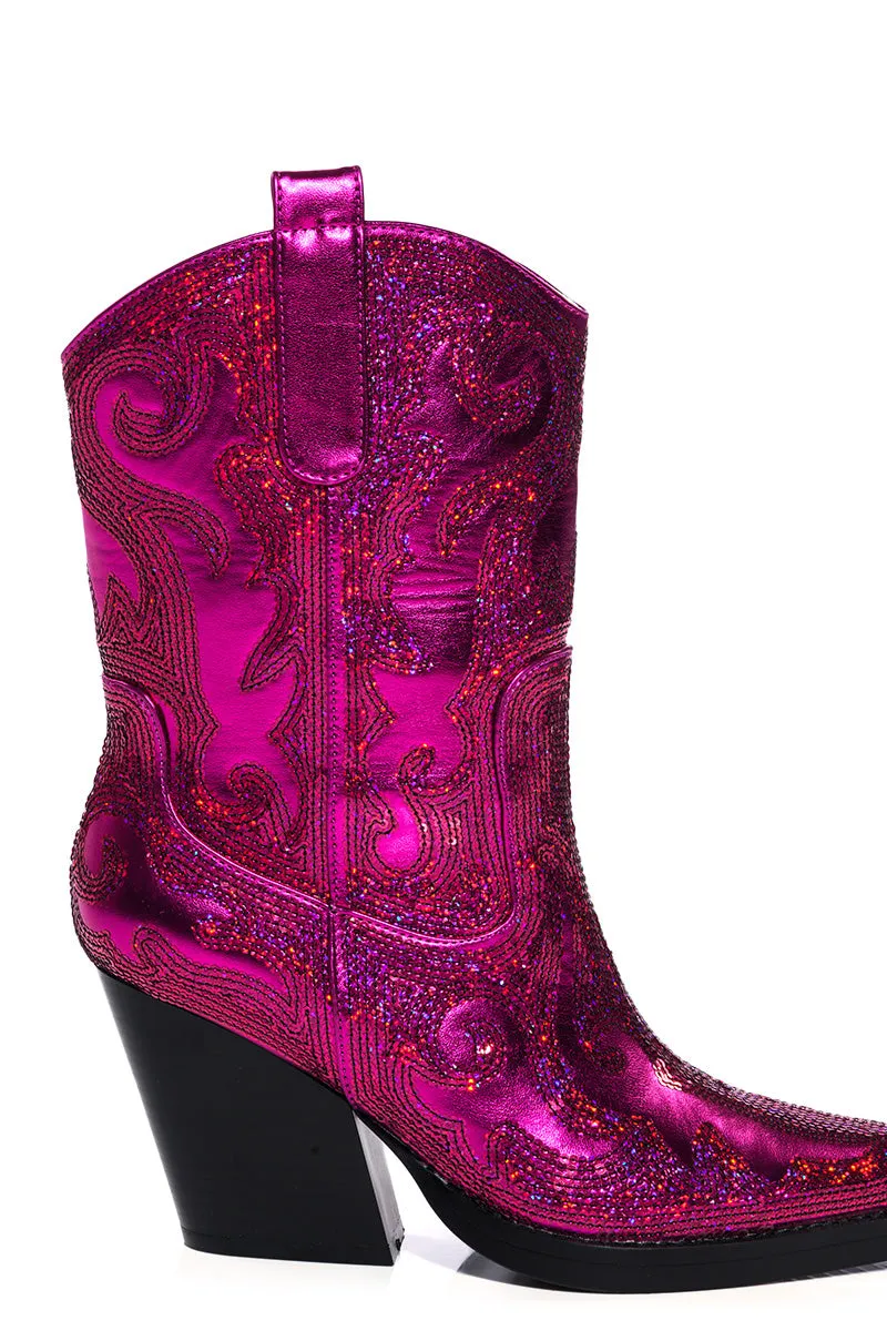 AZALEA WANG MERRIL SEQUIN WESTERN BOOTIE IN FUCHSIA