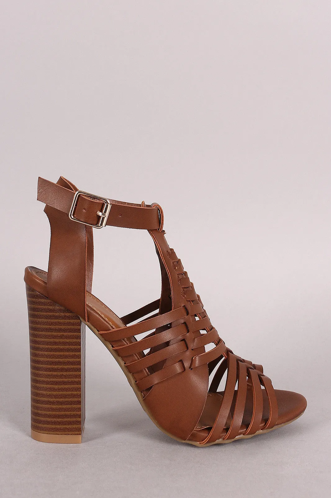 Bamboo Buckled Strappy Woven Chunky Heel