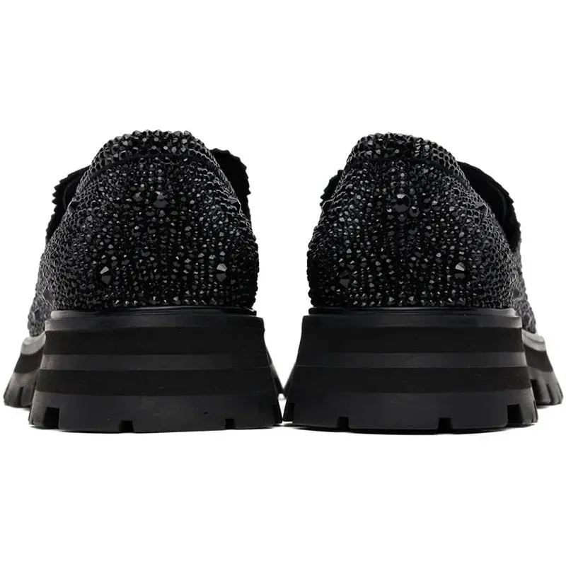 Black Shiny Rhinestone Slip-On Loafers