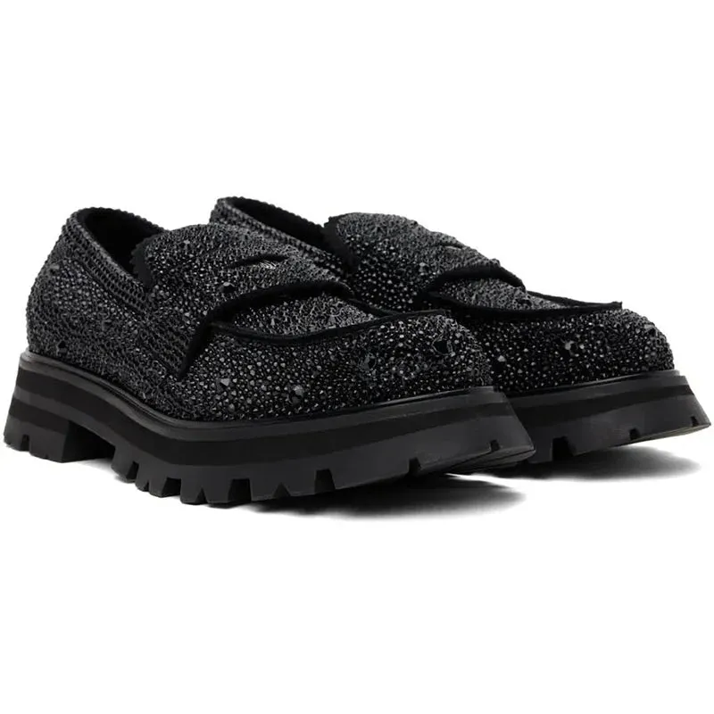 Black Shiny Rhinestone Slip-On Loafers