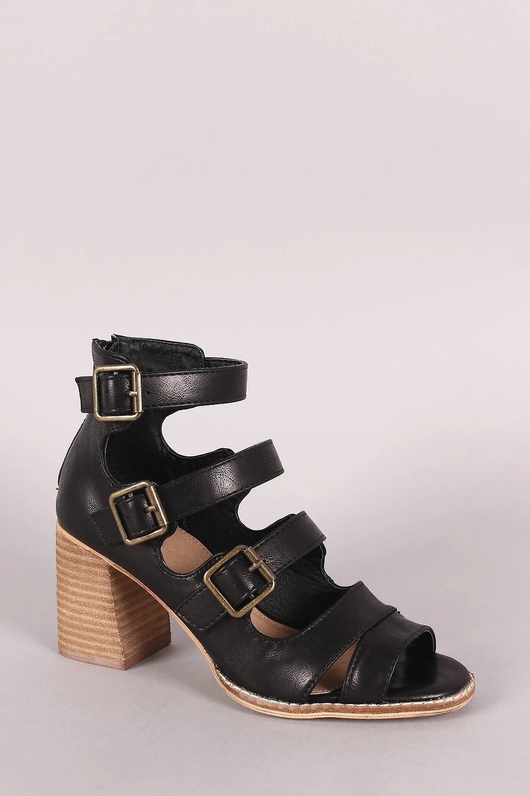 Buckle Ladder Straps Stacked Chunky Heel