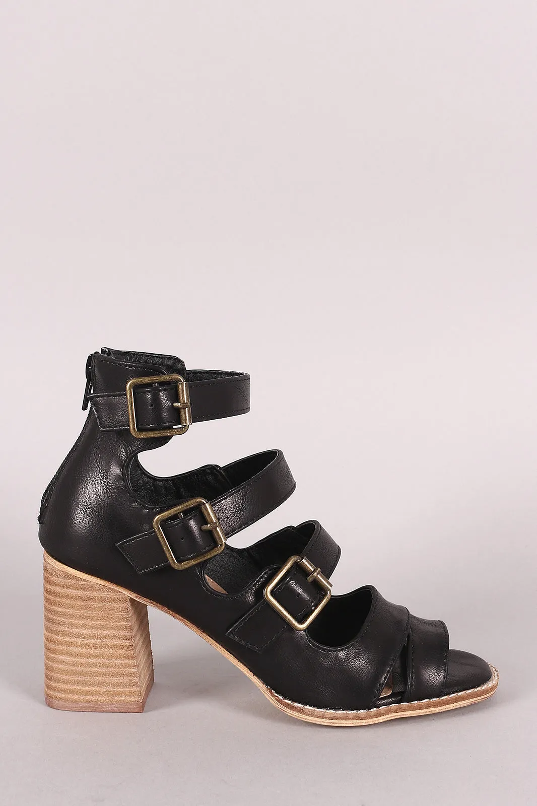 Buckle Ladder Straps Stacked Chunky Heel