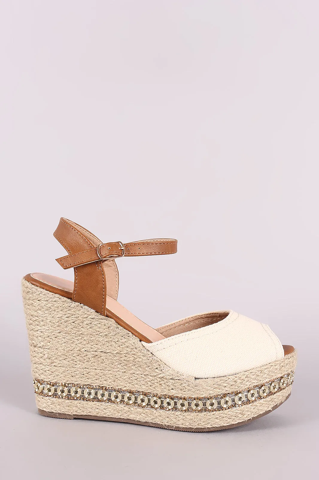 Canvas Peep Toe Hardware Trim Espadrille Platform Wedge