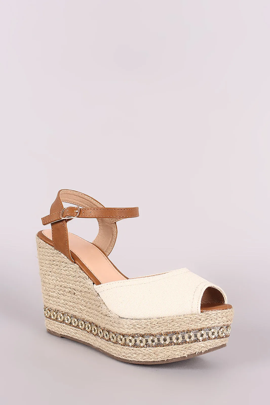 Canvas Peep Toe Hardware Trim Espadrille Platform Wedge