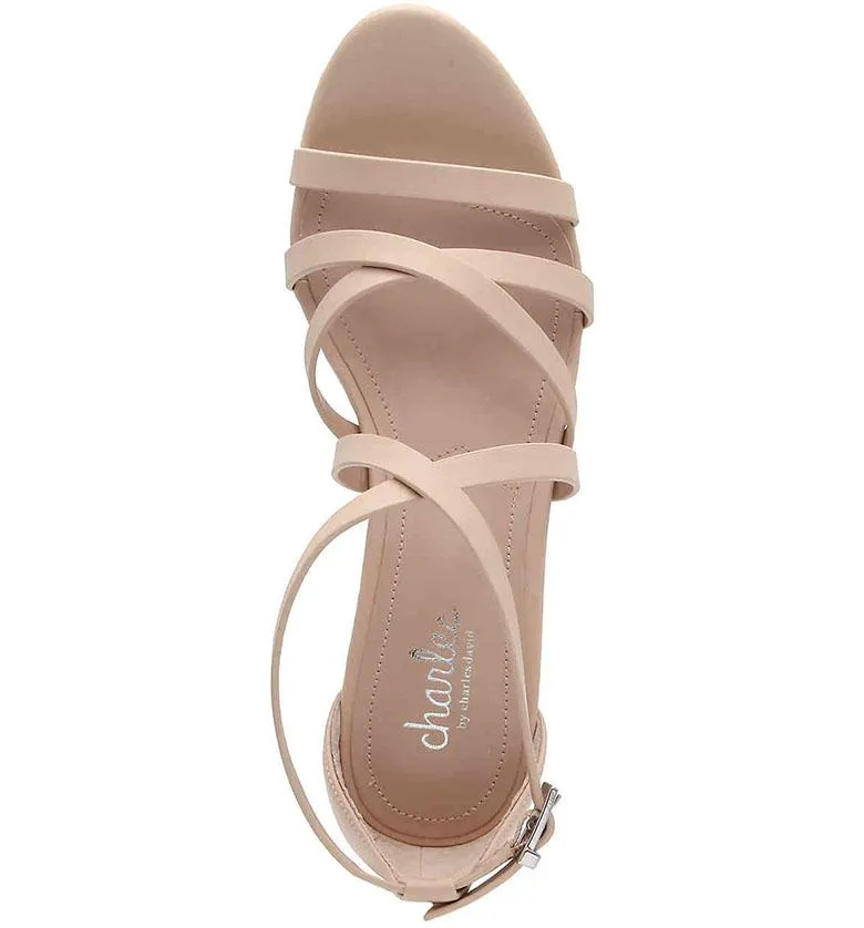 Charles David Leawood Nude Leather Open Toe Ankle Strap Platform Wedge Sandals