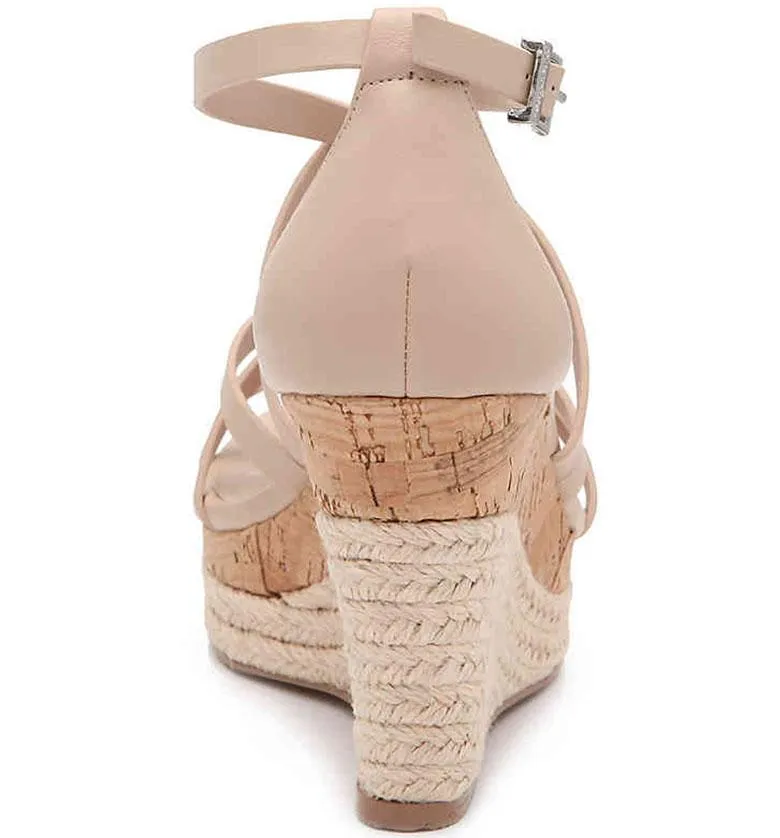 Charles David Leawood Nude Leather Open Toe Ankle Strap Platform Wedge Sandals