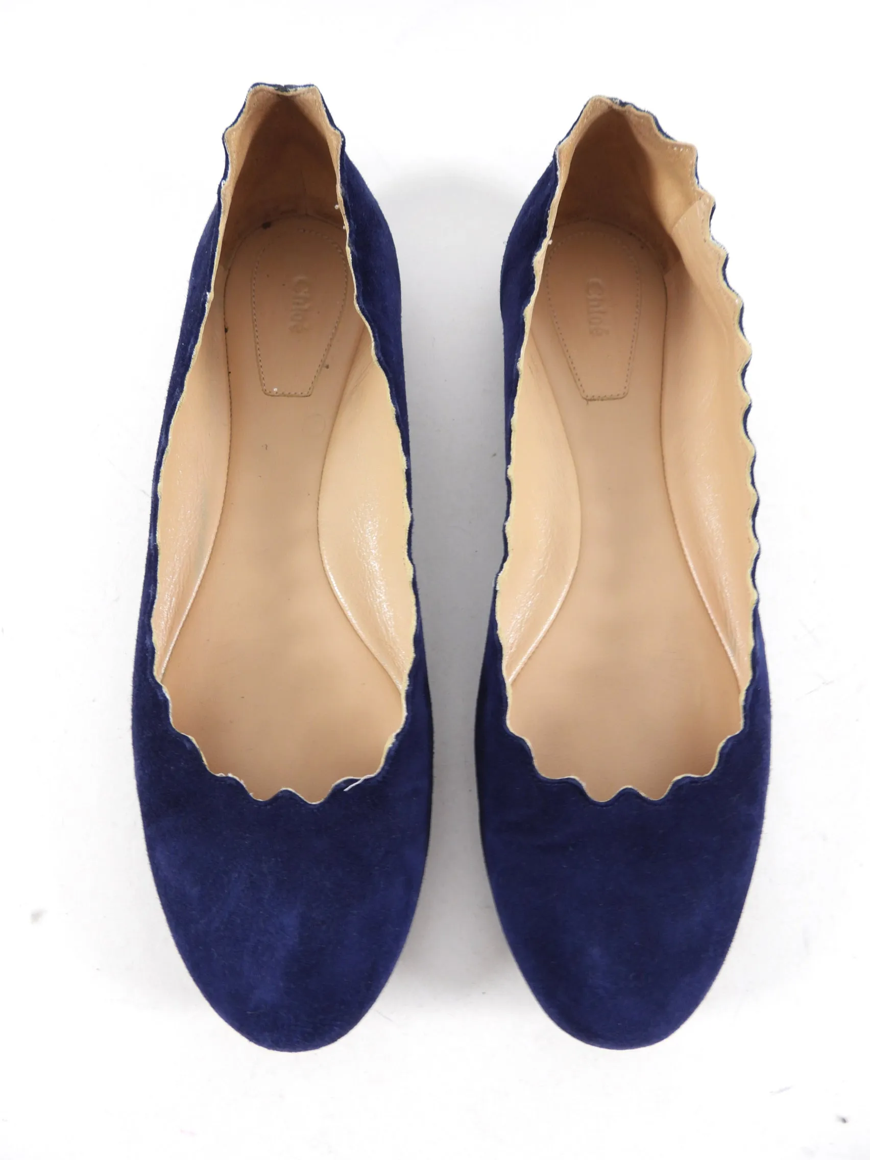 Chloe Navy Suede Scallop Lauren Flat Shoes - 39