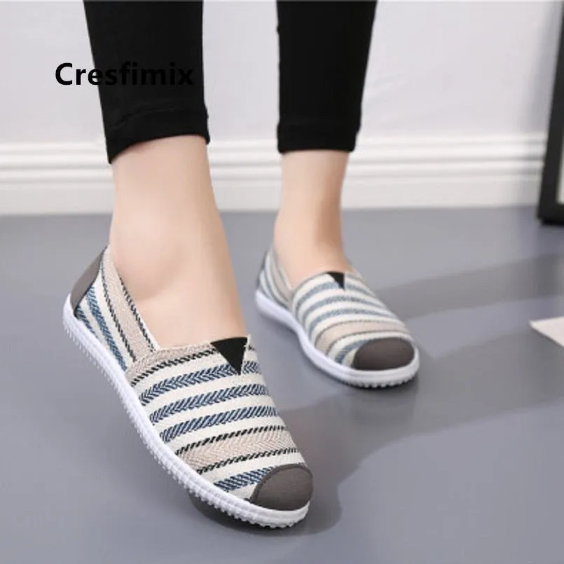 Cresfimix zapatos de mujer women fashion striped cloth shoes lady casual spring summer canvas slip on flat shoes female loafers