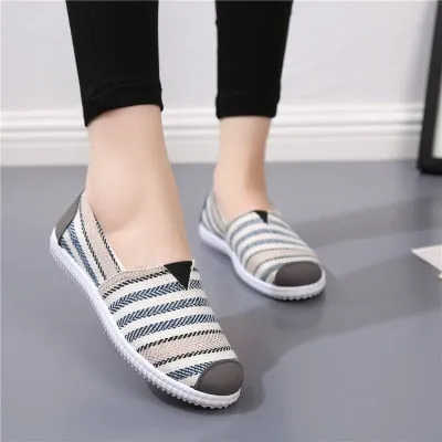 Cresfimix zapatos de mujer women fashion striped cloth shoes lady casual spring summer canvas slip on flat shoes female loafers