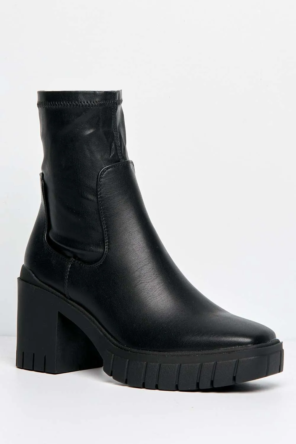 Edna Faux Leather Chunky Block Heel Ankle Boots in Black