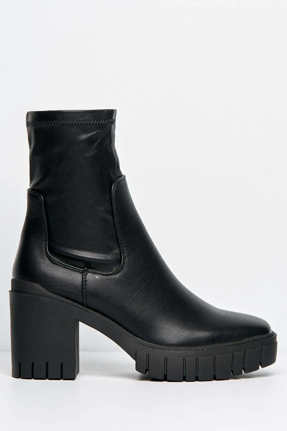 Edna Faux Leather Chunky Block Heel Ankle Boots in Black