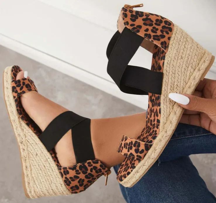 Elastic crisscross strap espadrille peep toe wedges