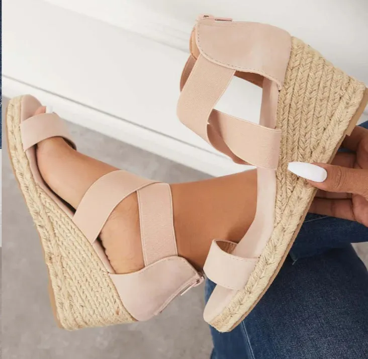 Elastic crisscross strap espadrille peep toe wedges