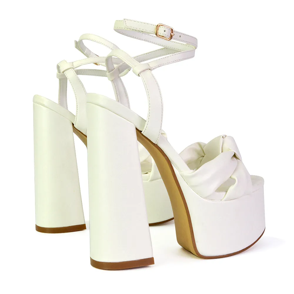 Faylinn Ankle Strap Super Chunky Block High Heel Platform Shoes in White