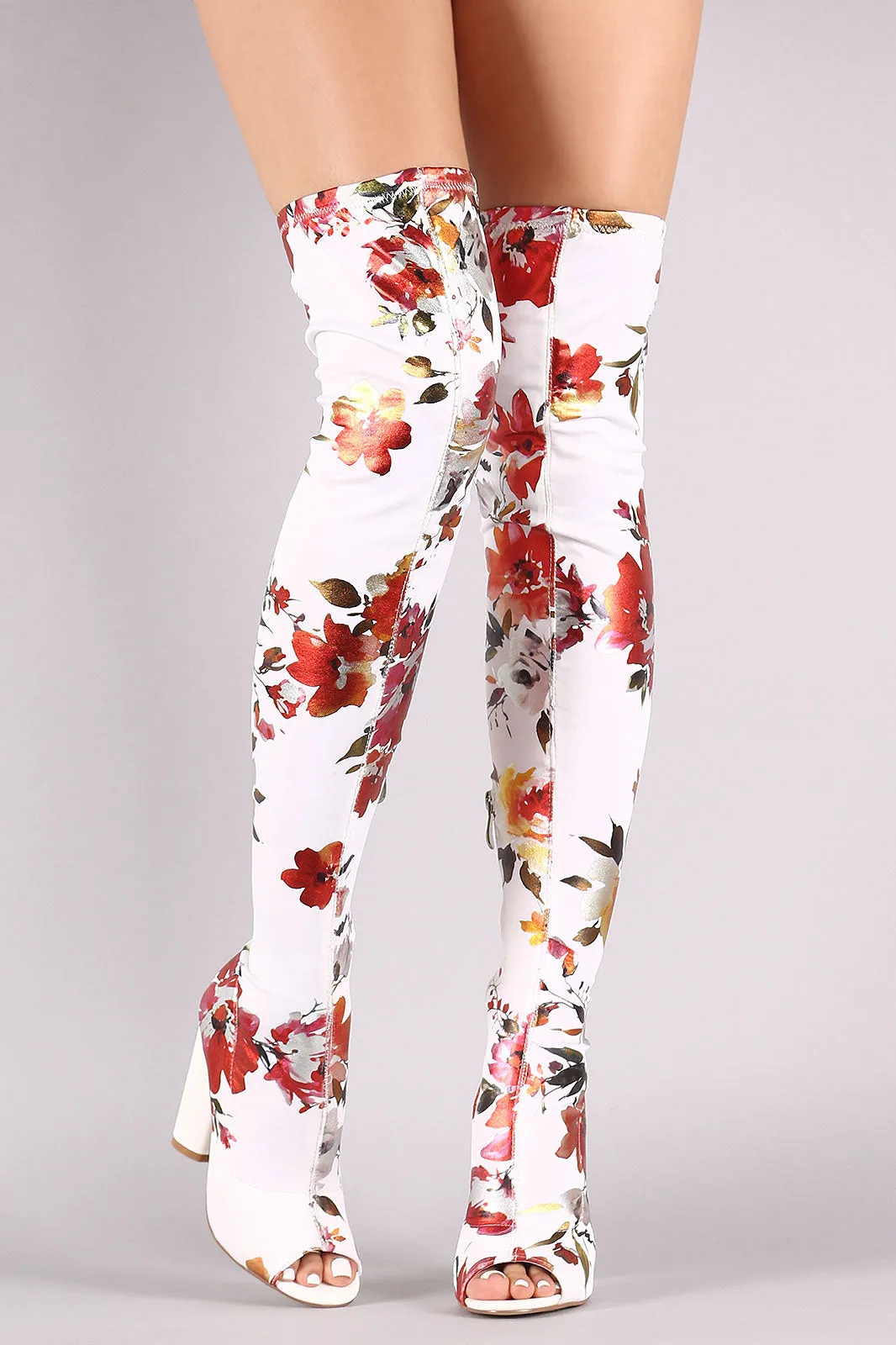 Floral Accent Chunky Heeled Over-The-Knee Boots