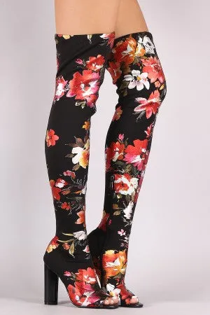 Floral Accent Chunky Heeled Over-The-Knee Boots