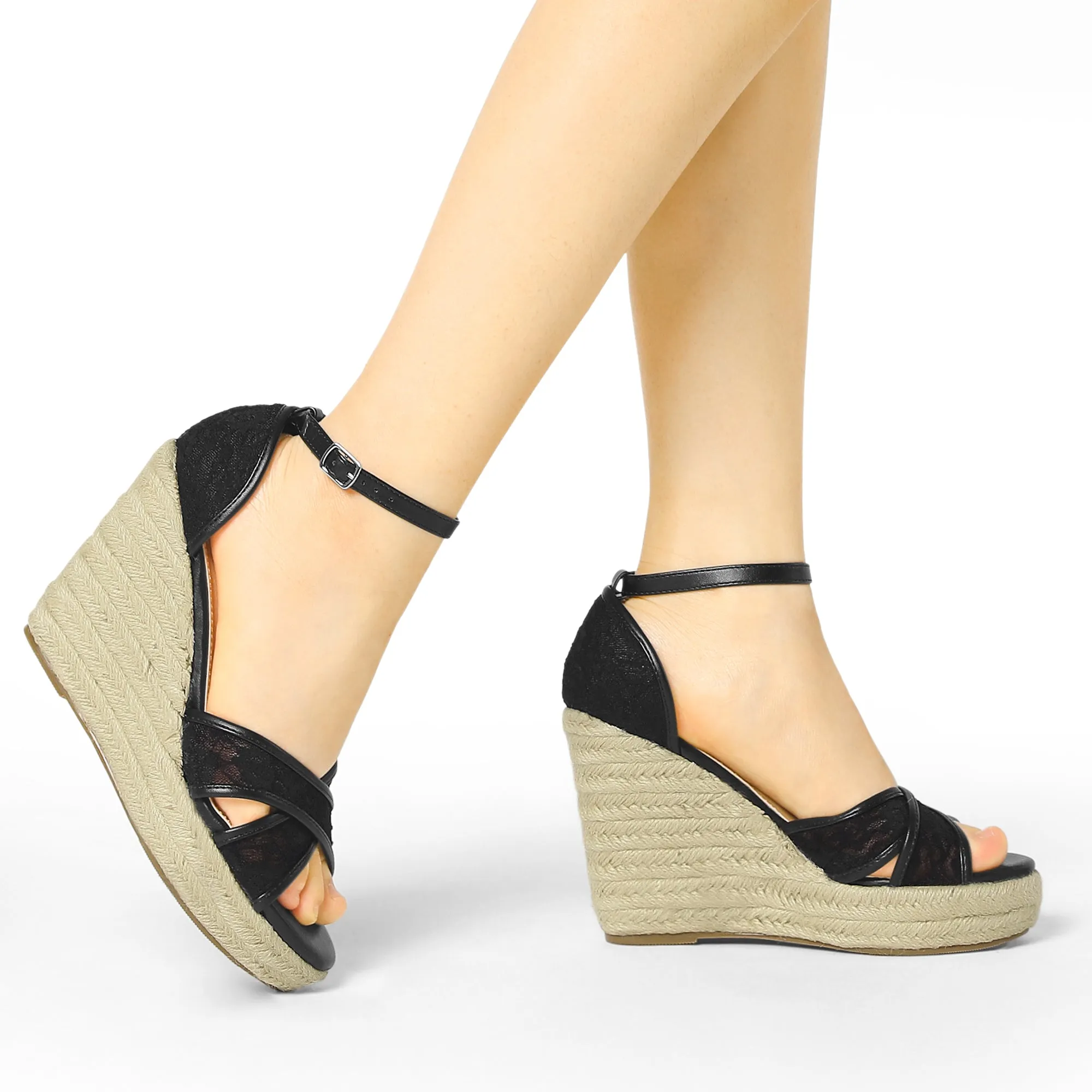 Lace Strapy Round Toe Espadrilles Wedges Sandals