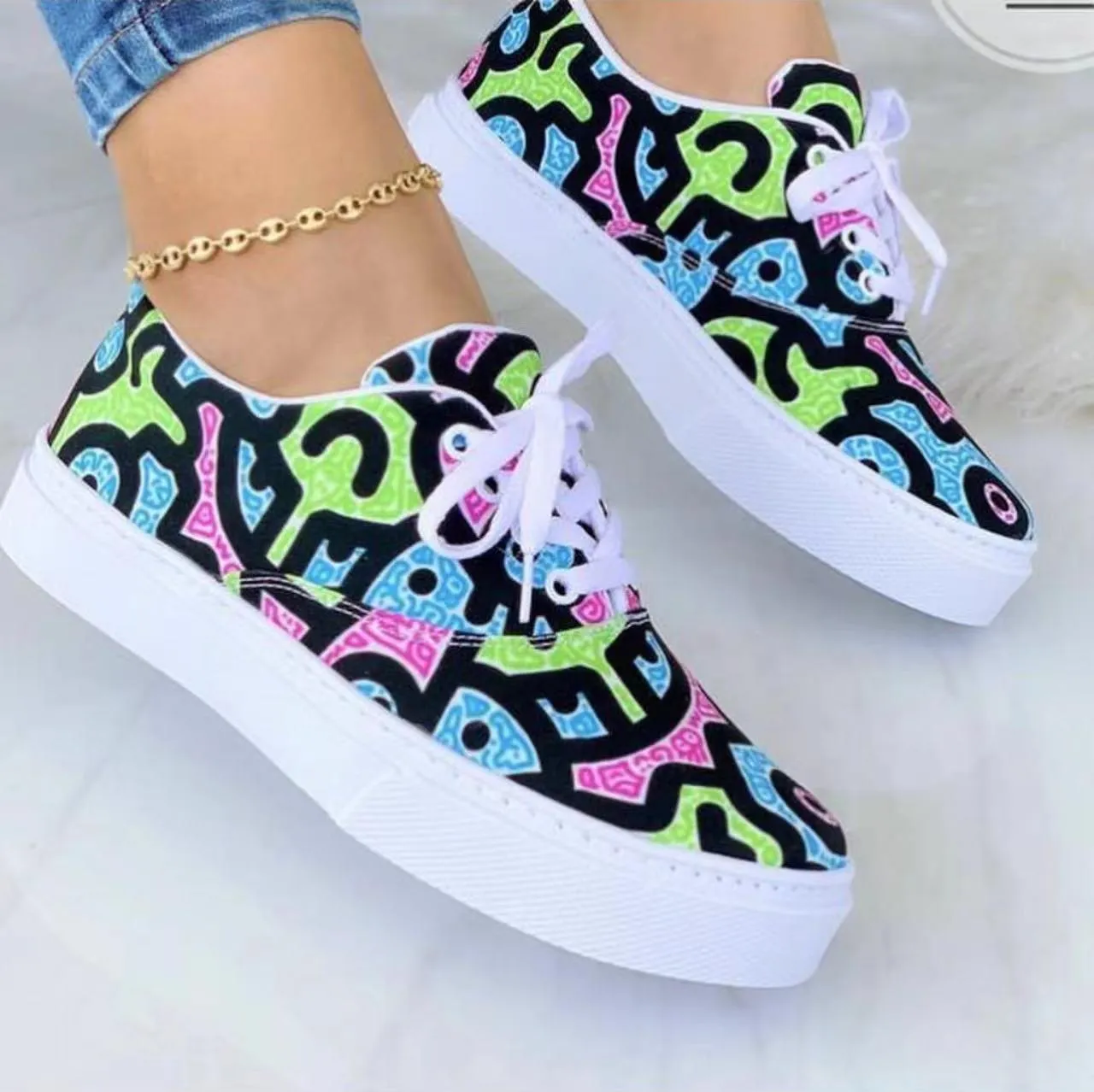 Lace-Up Flats Shoes Print Canvas Fashion Walking Sneakers Women - GlamzLife