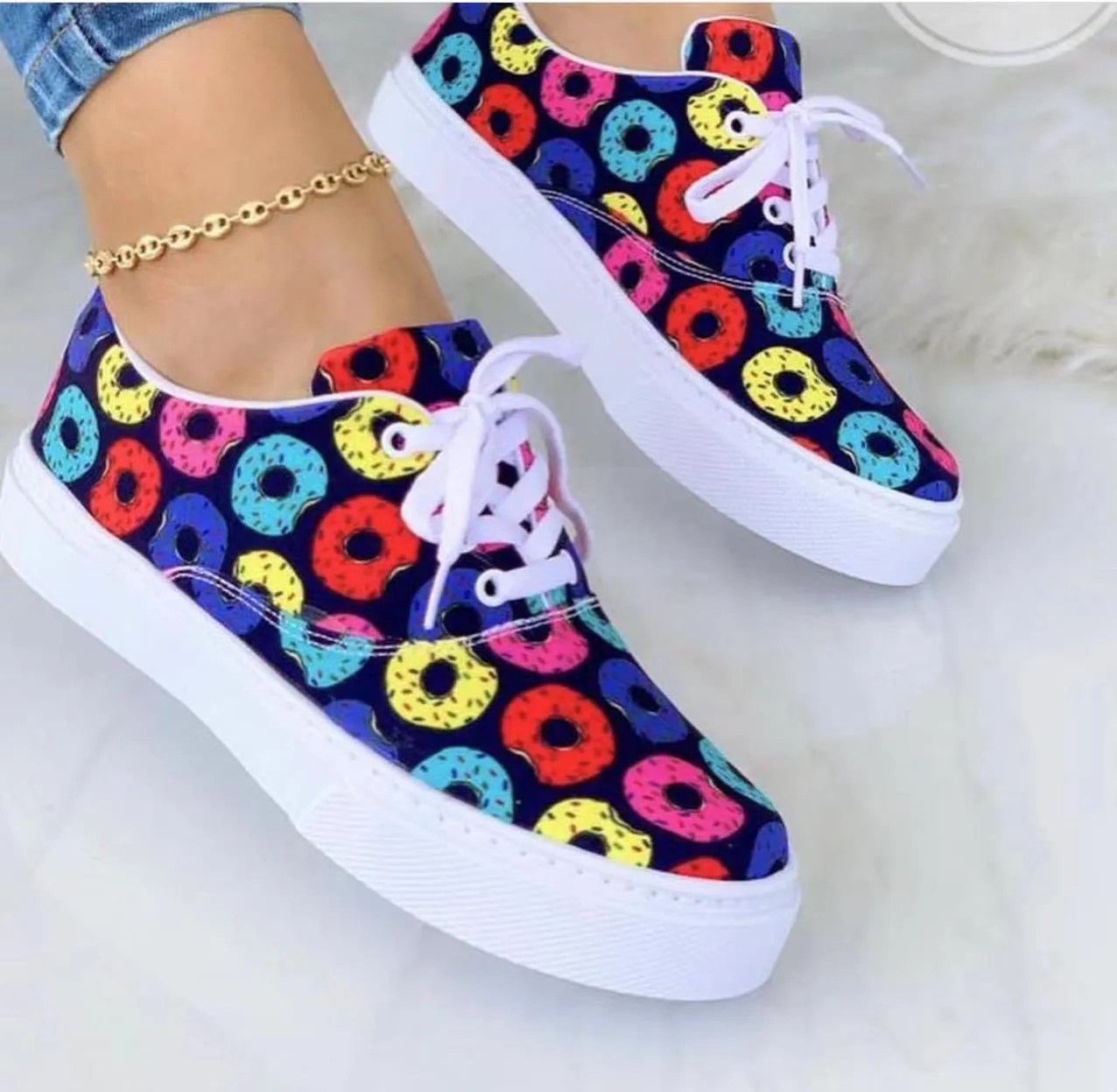 Lace-Up Flats Shoes Print Canvas Fashion Walking Sneakers Women - GlamzLife