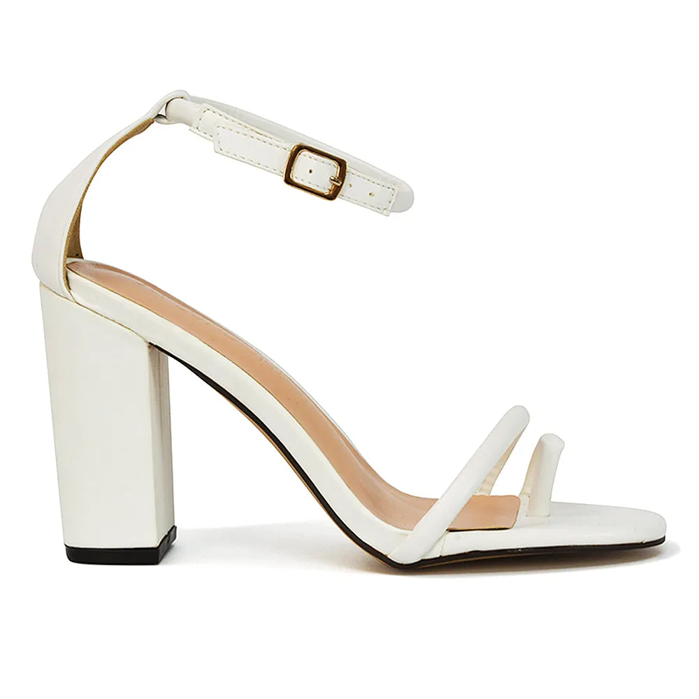 Liana Toe Loop Strappy Chunky Block High Heeled Sandals in White Synthetic Leather