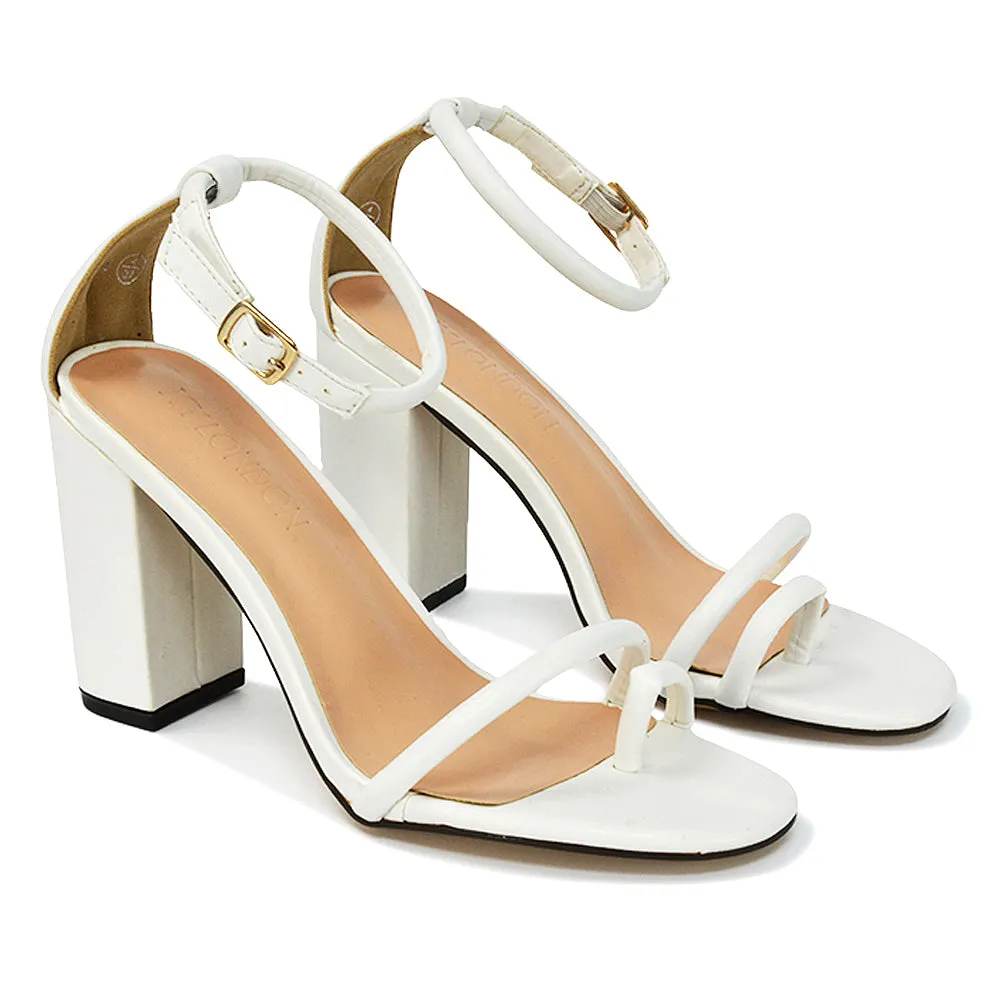 Liana Toe Loop Strappy Chunky Block High Heeled Sandals in White Synthetic Leather