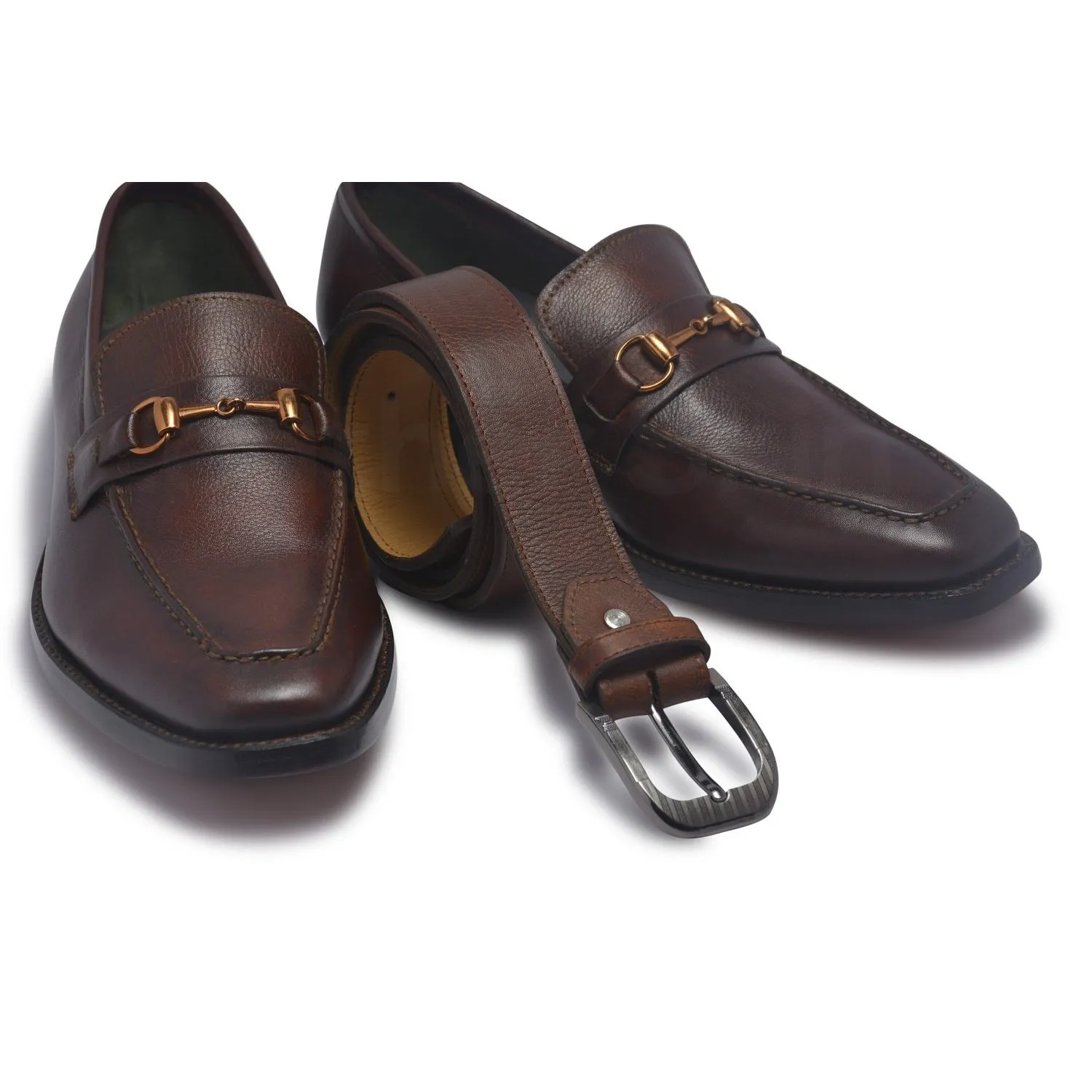 Men Brown Bit Loafer Genuine Leather Shoes with Golden Decoration