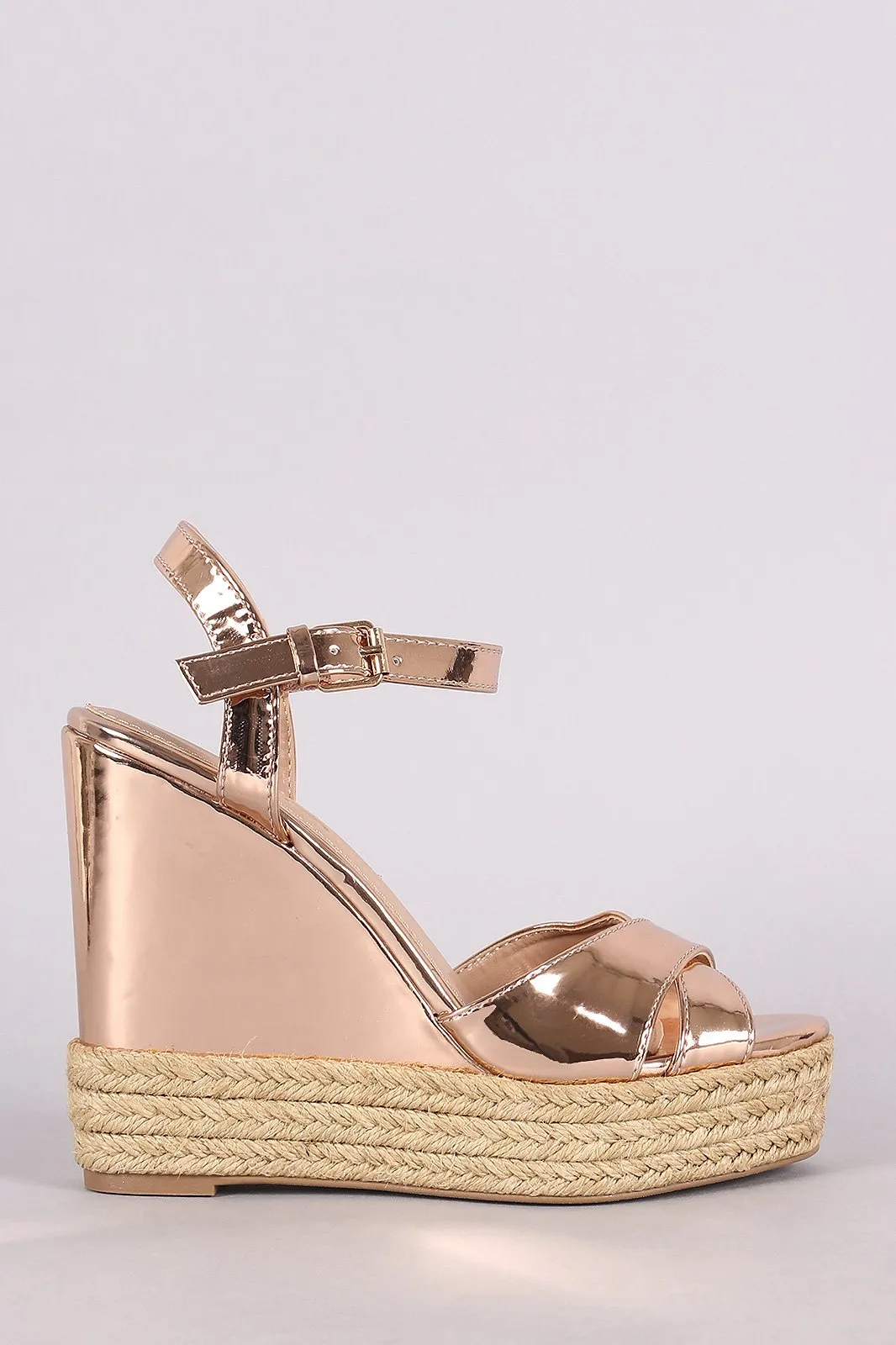 Metallic Patent Crisscross Espadrille Platform Wedge