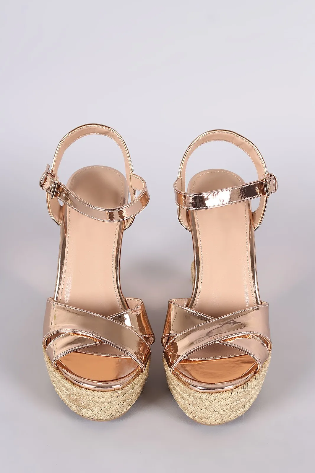 Metallic Patent Crisscross Espadrille Platform Wedge