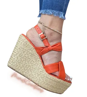 Orange Leather Platform Espadrille Wedges