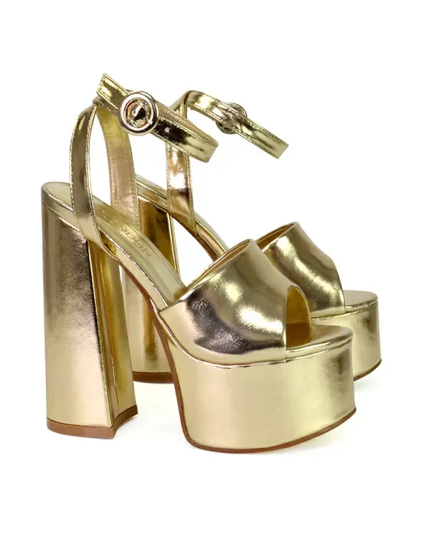 Pennie Strappy Super High Platform Shoes With a Chunky Heel in Gold