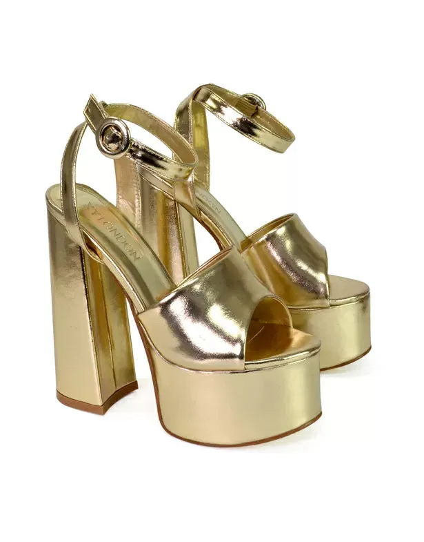 Pennie Strappy Super High Platform Shoes With a Chunky Heel in Gold