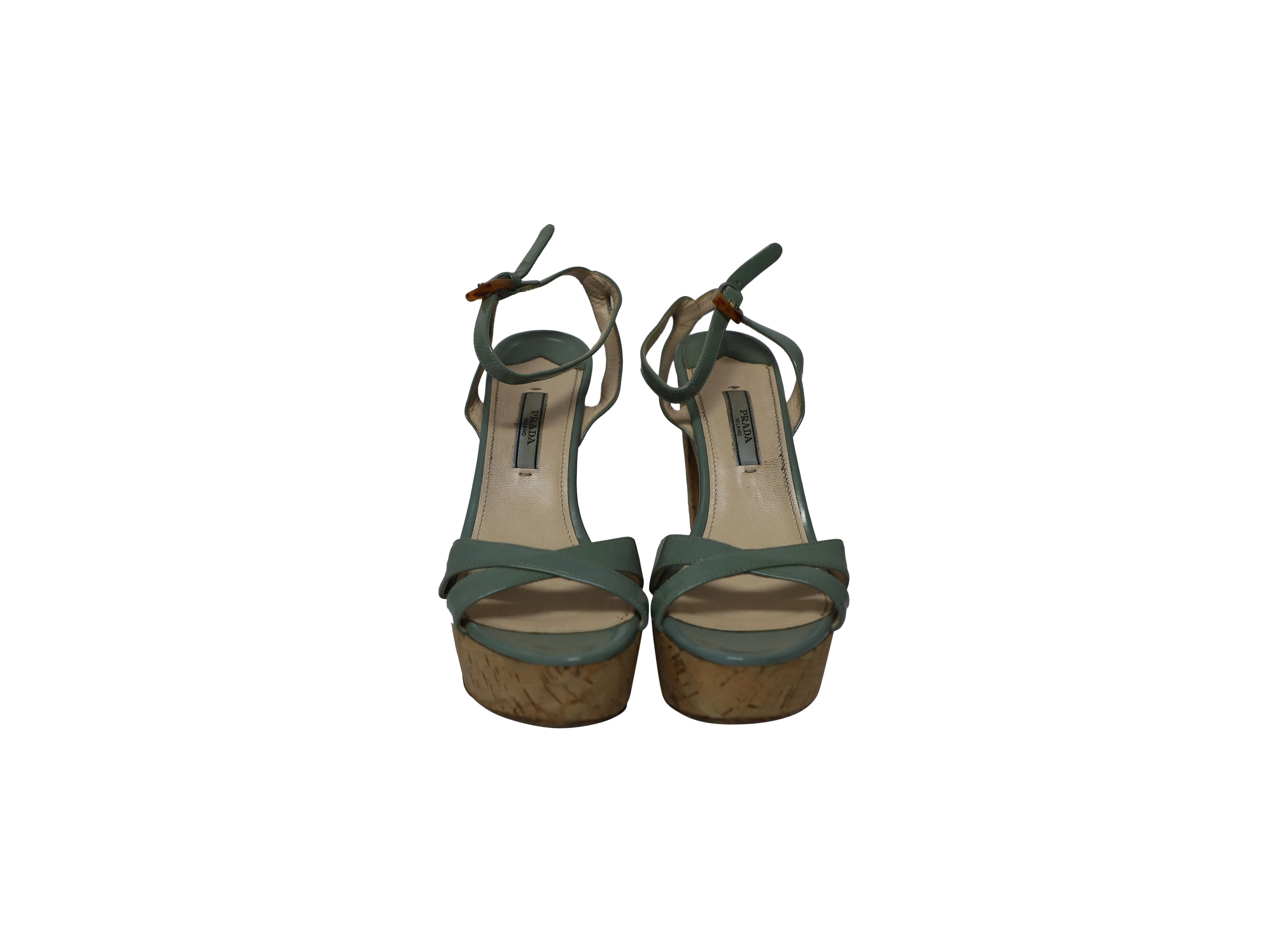 Prada Platform Sandals with Cork Heels in Green Patent Leather