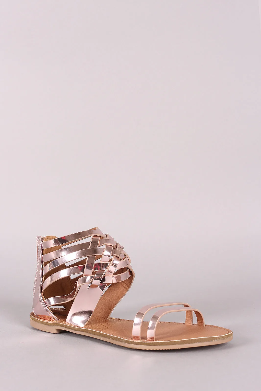 Qupid Mirrored Metallic Strappy Woven Gladiator Flat Sandal