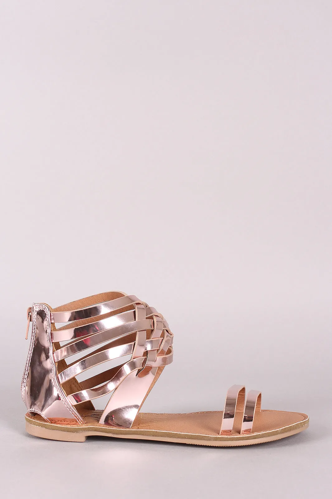 Qupid Mirrored Metallic Strappy Woven Gladiator Flat Sandal