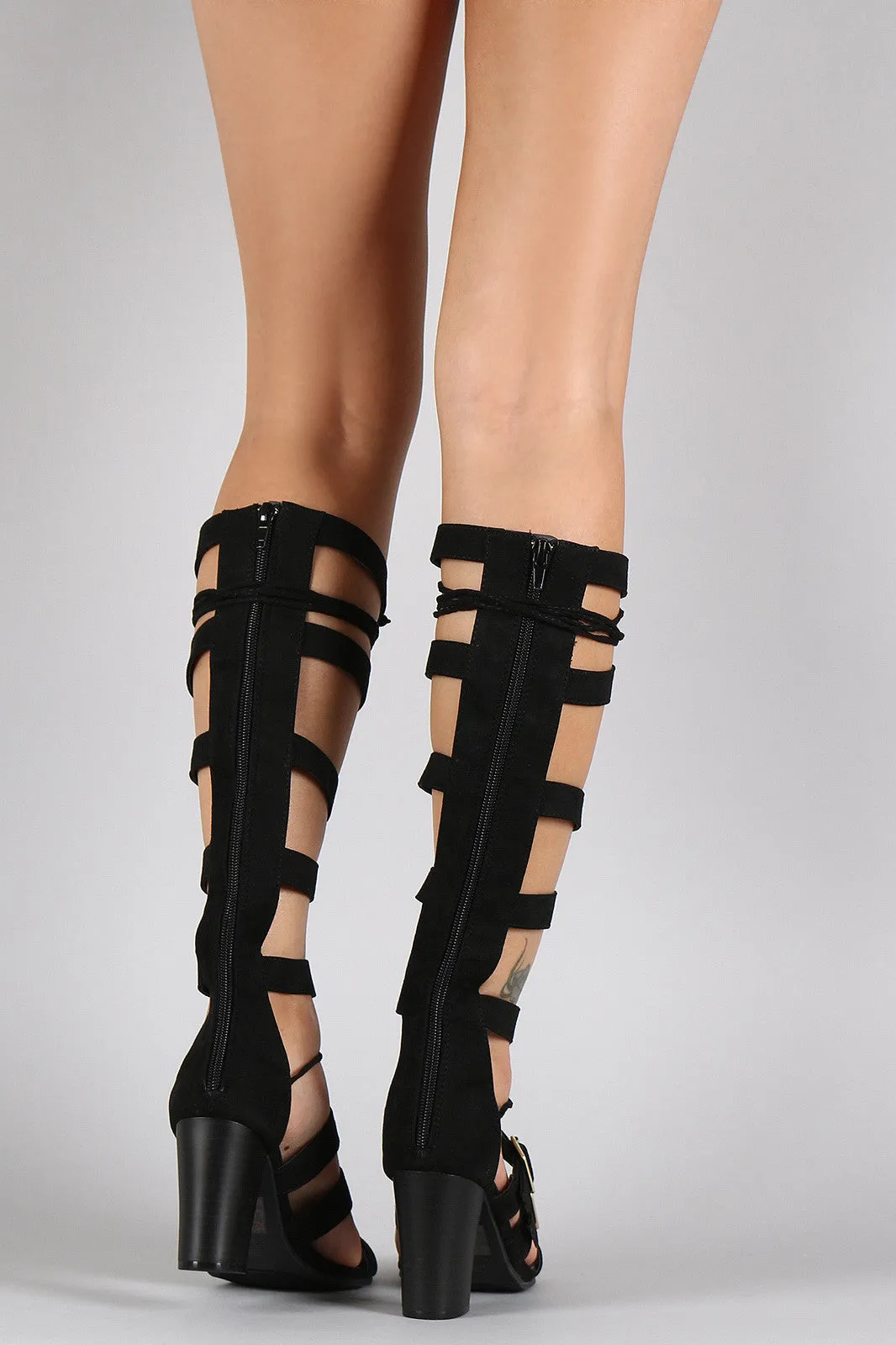 Qupid Suede Buckled Lace Up Gladiator Heel