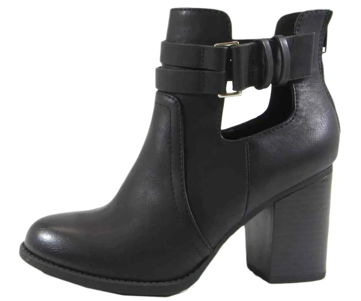 Soda Women's June Open Side Buckle Detail Stacked Chunky Heel Bootie