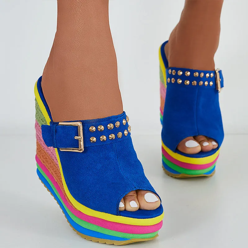 Sohiwoo Rainbow Platform Wedge Slides Peep Toe Slip on Espadrille Heel Sandals