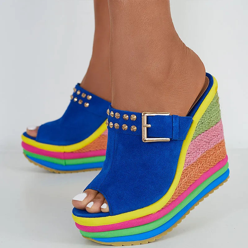 Sohiwoo Rainbow Platform Wedge Slides Peep Toe Slip on Espadrille Heel Sandals