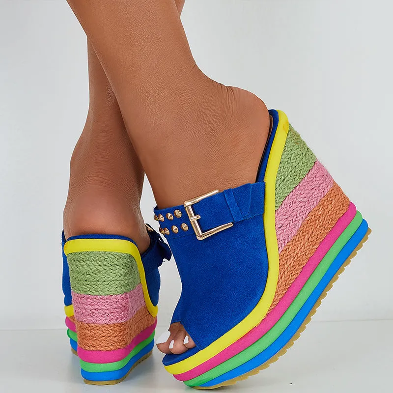 Sohiwoo Rainbow Platform Wedge Slides Peep Toe Slip on Espadrille Heel Sandals