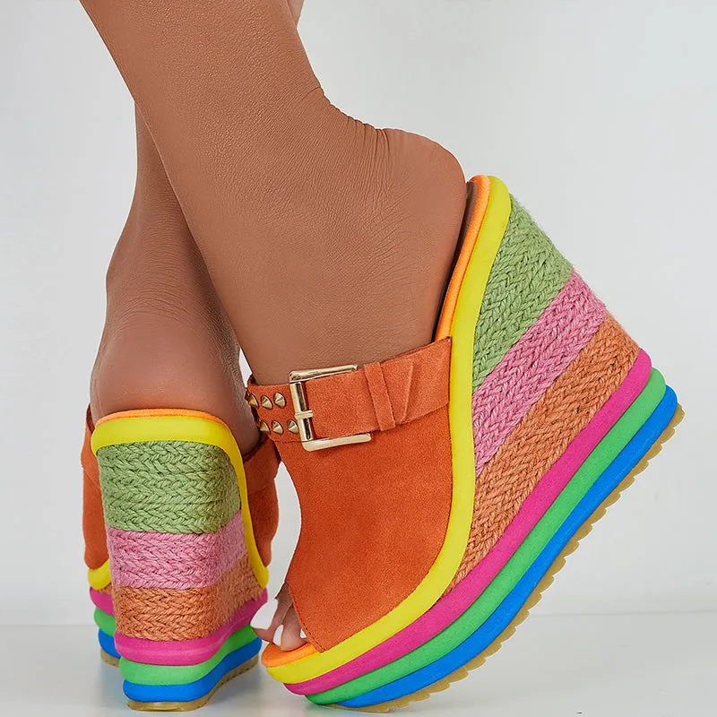 Sohiwoo Rainbow Platform Wedge Slides Peep Toe Slip on Espadrille Heel Sandals