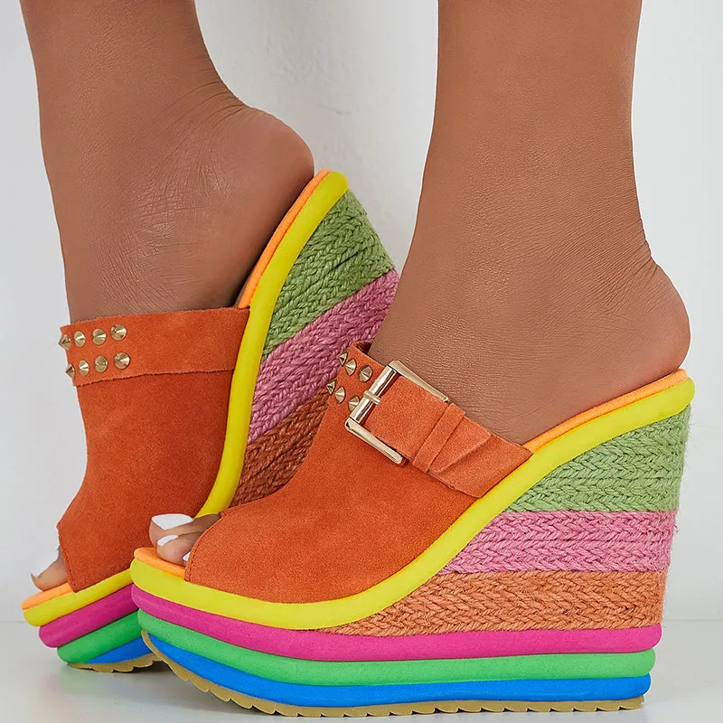 Sohiwoo Rainbow Platform Wedge Slides Peep Toe Slip on Espadrille Heel Sandals