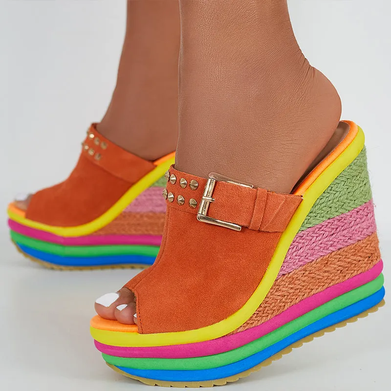 Sohiwoo Rainbow Platform Wedge Slides Peep Toe Slip on Espadrille Heel Sandals