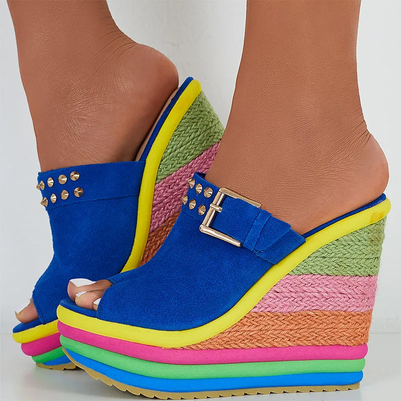 Sohiwoo Rainbow Platform Wedge Slides Peep Toe Slip on Espadrille Heel Sandals