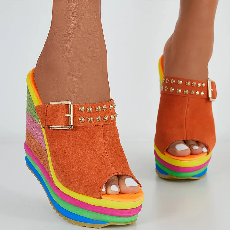 Sohiwoo Rainbow Platform Wedge Slides Peep Toe Slip on Espadrille Heel Sandals