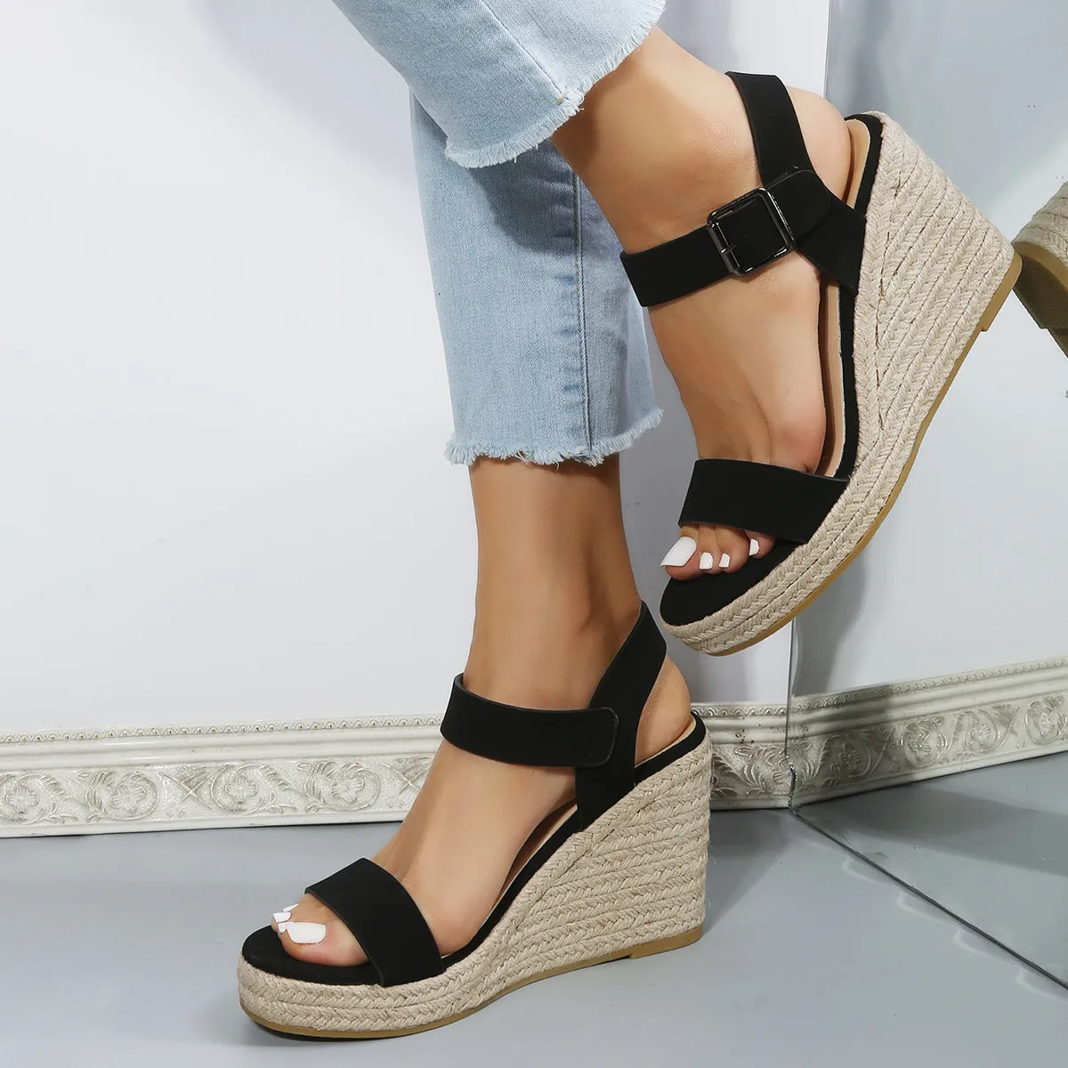 Sohiwoo Women Black Platform Espadrille Wedges Open Toe Buckle Strap Sandals