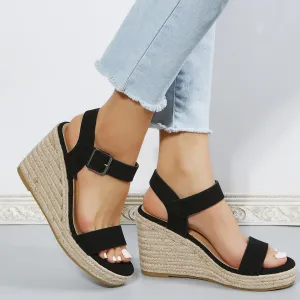 Sohiwoo Women Black Platform Espadrille Wedges Open Toe Buckle Strap Sandals