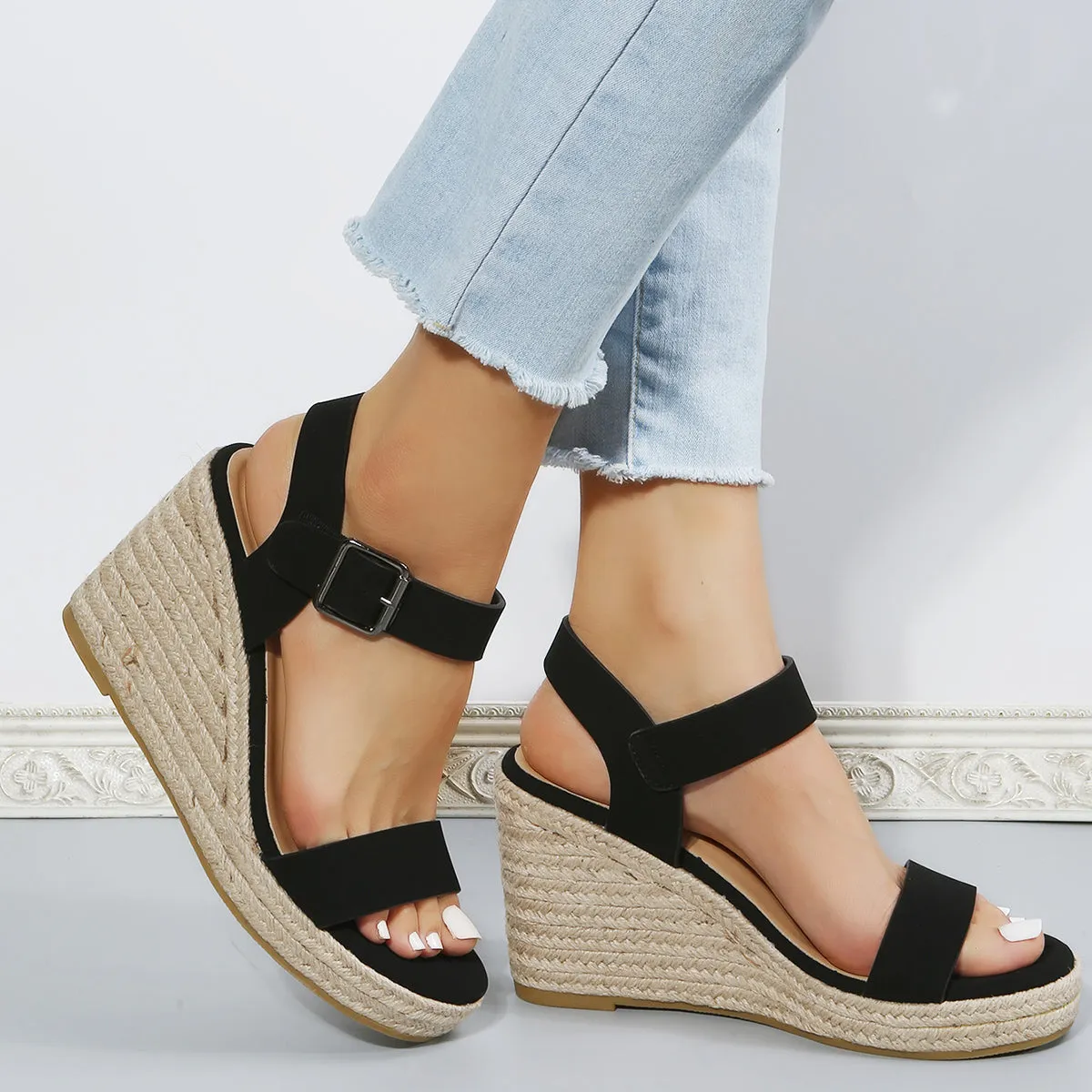 Sohiwoo Women Black Platform Espadrille Wedges Open Toe Buckle Strap Sandals