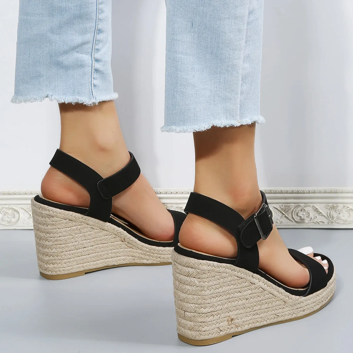 Sohiwoo Women Black Platform Espadrille Wedges Open Toe Buckle Strap Sandals